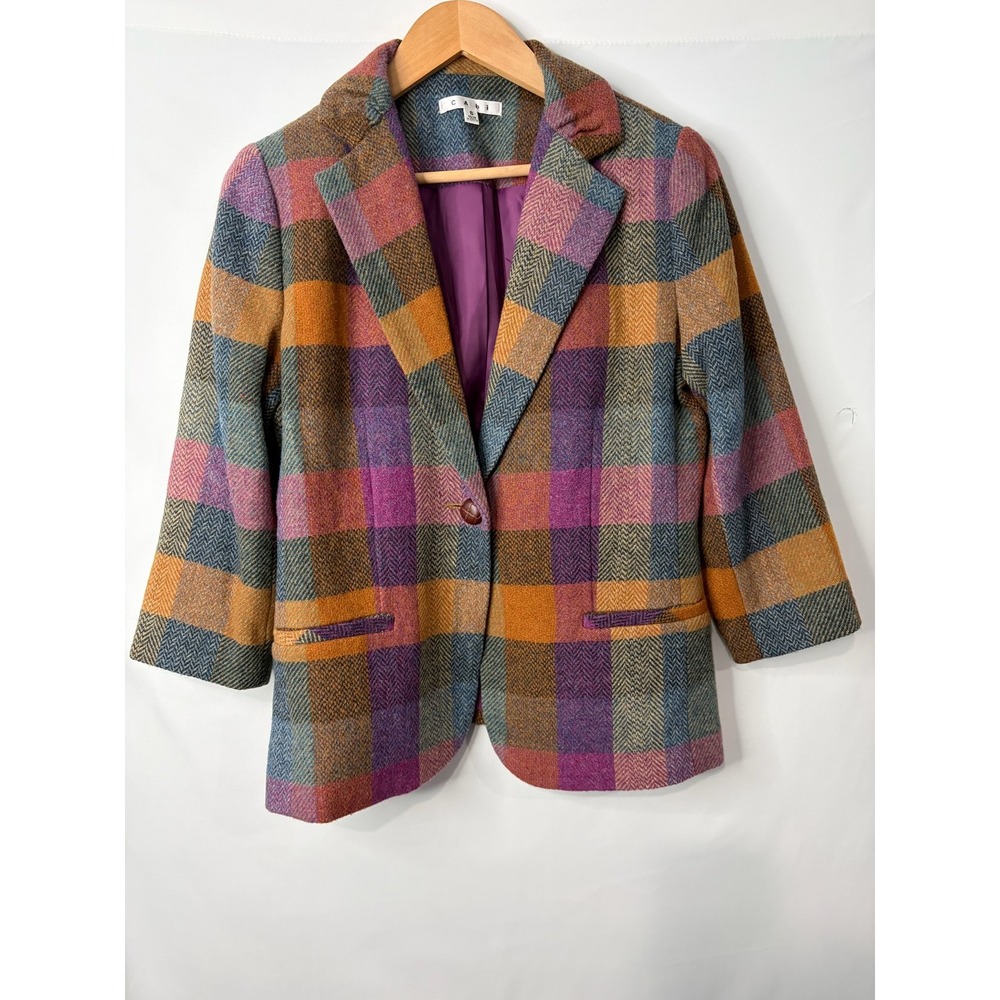 Cabi 927 Womens Plaid Wool Blend Herringbone Blazer Jacket Sz 6 Academia Preppy